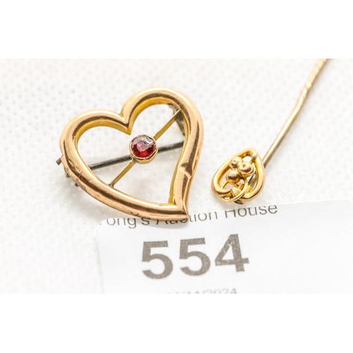 554 - 2 vintage 9ct yellow gold and rose gold heart shape brooch and pin with large ruby gemstone