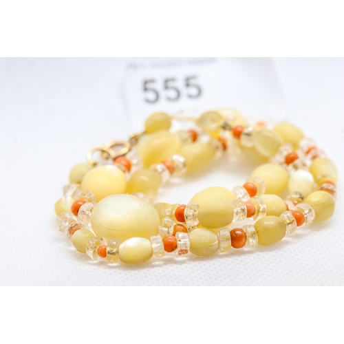 555 - Fabulous vintage yellow metal with large moonstone, coral and rock crystal gemstone necklace