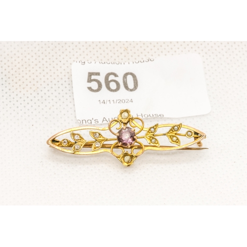 560 - Beautiful antique 9ct yellow gold large brooch with seed pearls, diamonds and large amethyst gemston... 