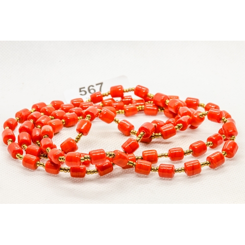 567 - Beautiful coral and gold coloured beads necklace