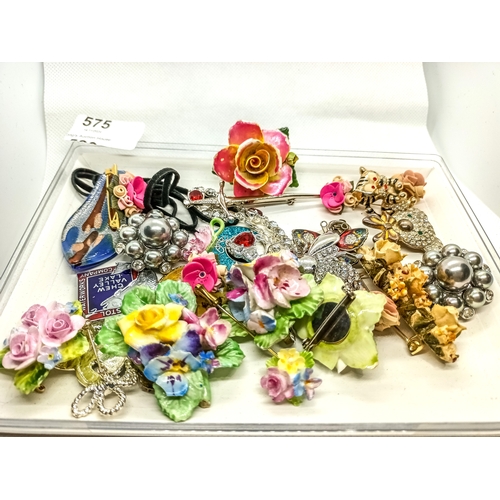 575 - Vintage bone china flowers brooches with a large assortment of costume jewellery brooches