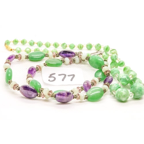 577 - Vintage necklaces with jade, amethyst and moonstone with white metal clasps