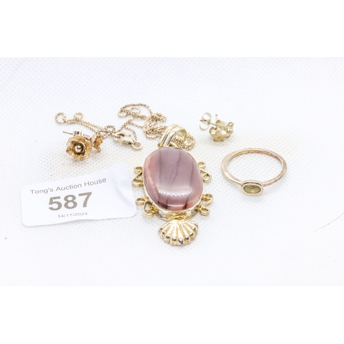 587 - Gorgeous 925 silver large oval agate gemstone necklace and 925 silver ring and earrings