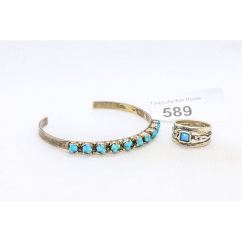 589 - Fabulous 925 silver ring with opal gemstone size L and white metal vintage bangle with turquoise gem... 