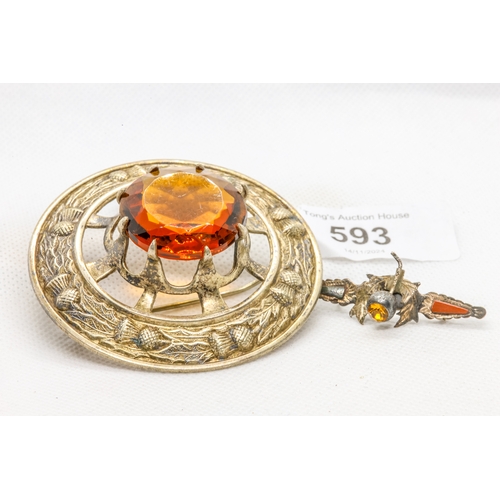 593 - Gorgeous vintage Celtic stone set brooch with intricate thistle design and very large round cut ambe... 