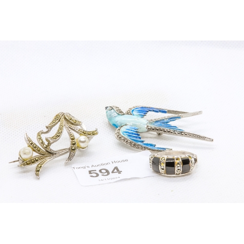 594 - Gorgeous vintage white metal enamel bird brooch with marcasite together with a 925 silver and marcas... 