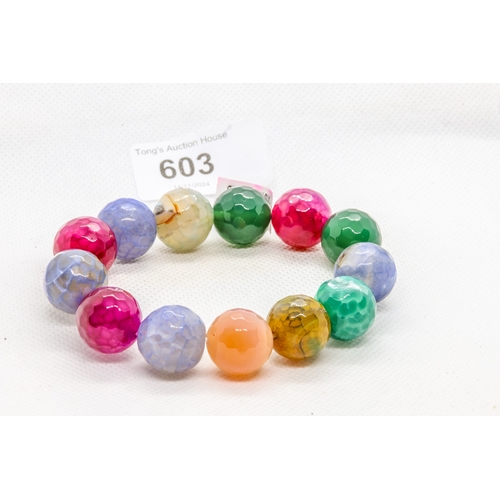 603 - Adorable elastic large round mixed colour gemstone and agate bracelet