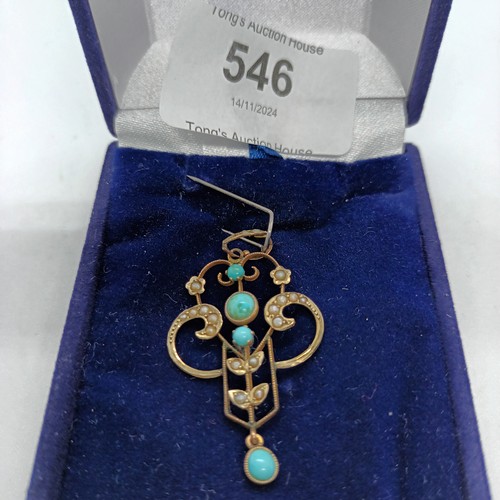 546 - 9ct gold Art nouveau pendant with turquoise pearls excellent order