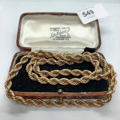 549 - 9ct gold large very heavy rope chain necklace 22