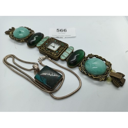 566 - Next vintage style watch with green and turquoise colour stones together with green stone pendant on... 