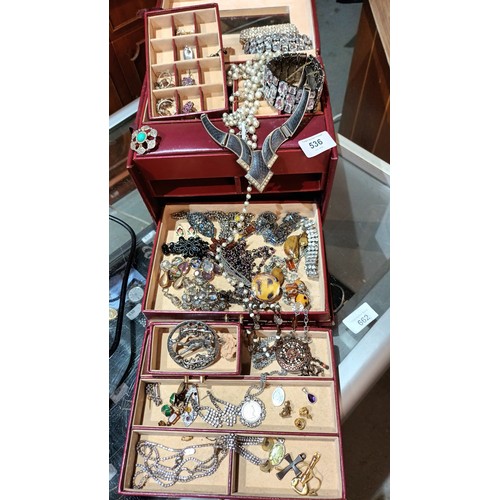 536 - Very large collection of costume jewellery in multi compartment jewellery box