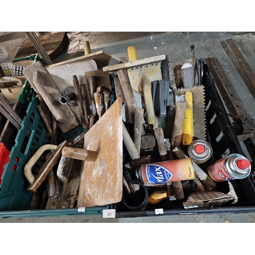 287 - TWO LARGE BOXES OF TROWELS CHISELS  HAMMERS CAMPING GAS BOTTLES