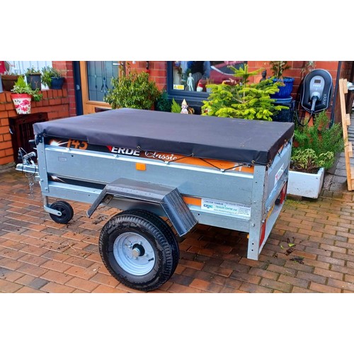 576 - AS NEW , LITTLE USE, ERDE 143 TOWING TRAILER 144 X 99 X 35CM  6' X 3'52 600KGS GROSS. ALSO HAS EXTRA... 