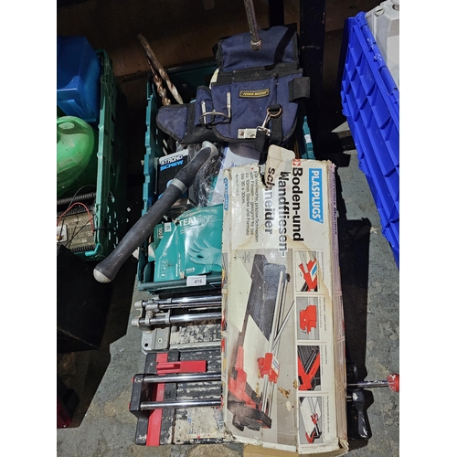 416 - THREE TILE CUTTERS  BOX OF NITRALE GLOVES GATE LATCH AND TOOL HOLDALL