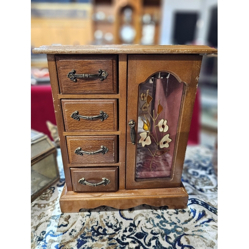 902 - Wooden jewellery box with 4 drawers and a glass fronted necklace hanging compartment