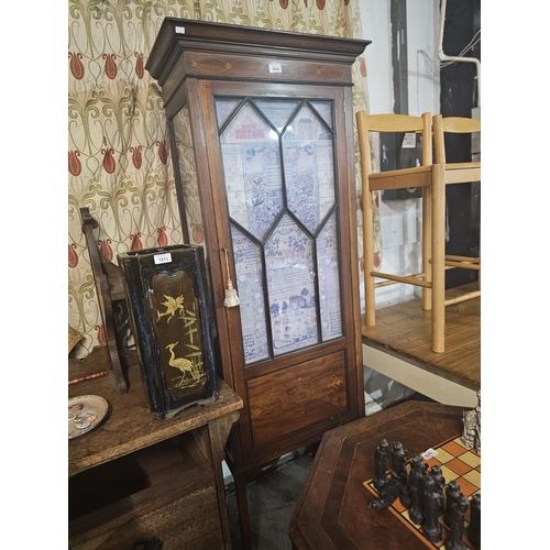 1014 - Elegant Georgian  wooden display cabinet with glass panelled door and sides and inlaid decoration ac... 