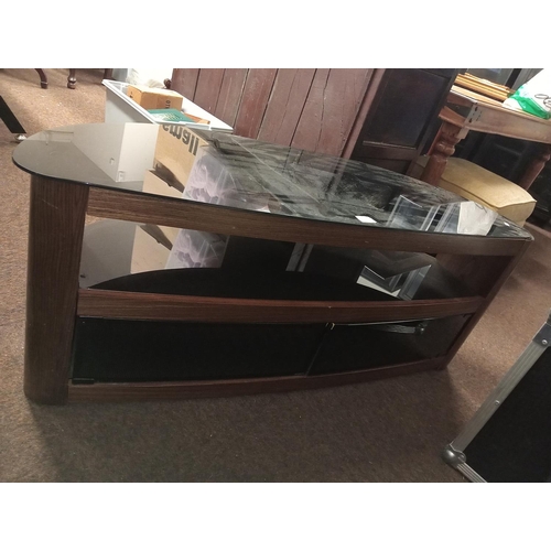 1177 - HIGH QUALITY BLACK GLASS  TV STAND  WITH  A SHELF AND TWO  DOOR