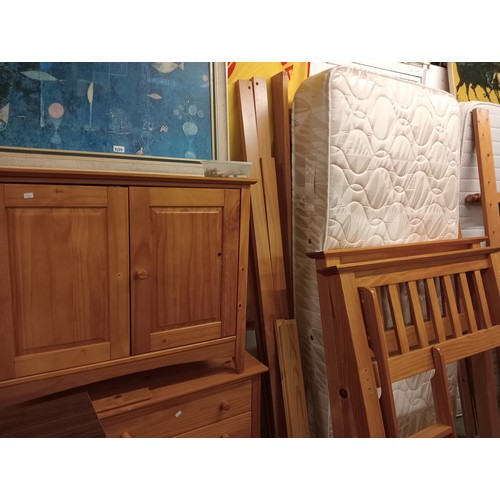 1429 - SOLID PINE MID SLEEPER WITH MATTRESS, DRAWERS AND CUPBOARD SPACE.