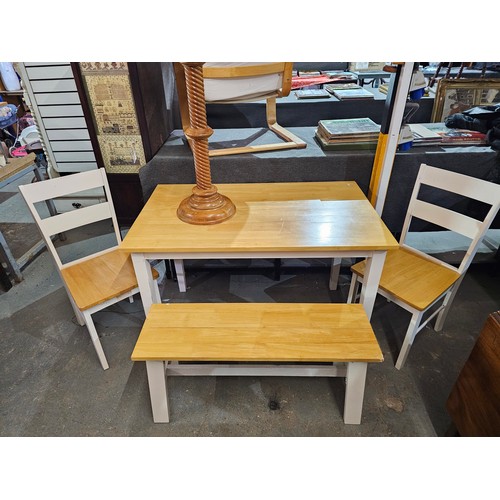 2158 - WHITE WOODEN BEECH TOPPED TABLE, 2 X CHAIRS AND BENCH m*