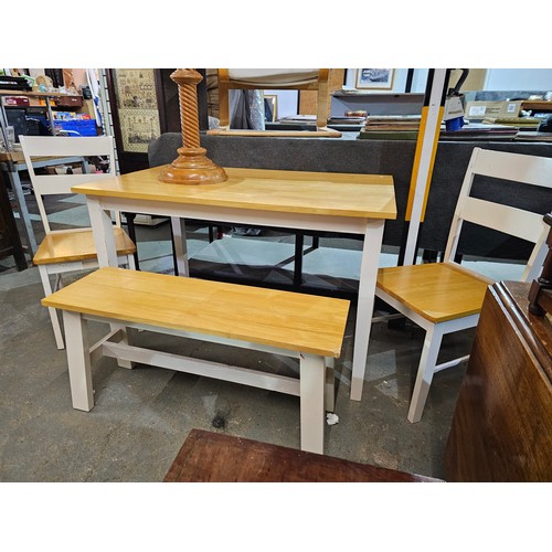 2158 - WHITE WOODEN BEECH TOPPED TABLE, 2 X CHAIRS AND BENCH m*