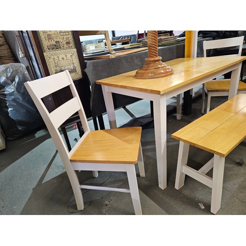 2158 - WHITE WOODEN BEECH TOPPED TABLE, 2 X CHAIRS AND BENCH m*