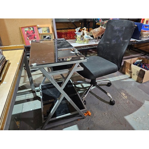 2160 - SWIVEL OFFICE CHAIR AND A METAL AND GLASS BLACK COMPUTER DESK WORK STATION