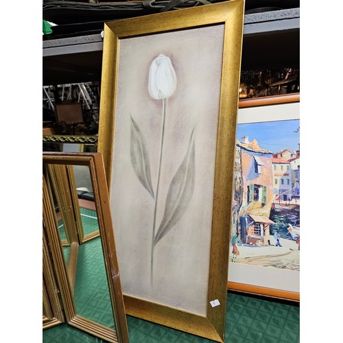 2186 - HEAVY GOLD COLOUR TRI FOLD DRESSING TABLE MIRROR,  LARGE PRINT OF ST TROPEZ, TULIP PRINT