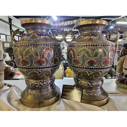 15 - A pair of Antique Chinese Brass Enamel Cloisonne Style 30cm tall Vases with dragon handles