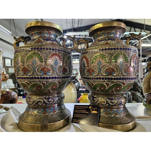 15 - A pair of Antique Chinese Brass Enamel Cloisonne Style 30cm tall Vases with dragon handles