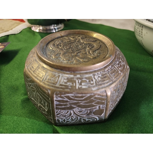 19 - Antique brass bronzed Chinese octagonal bowl marked xuan made ming