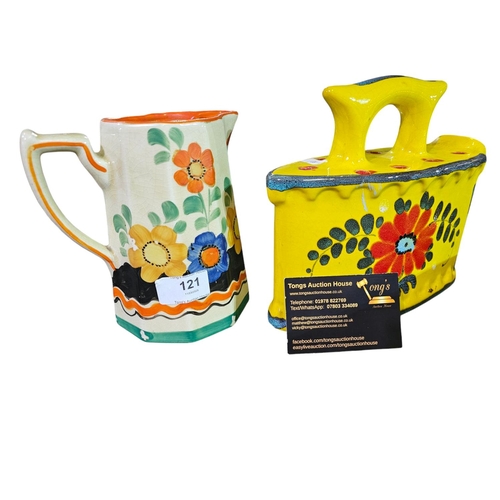 121 - Hand painted Wade jug together with an Italian ceramic decorative flower iron