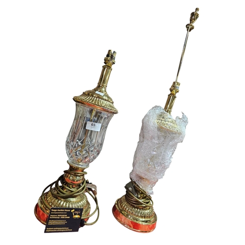 65 - Pair of engraved glass and metal lamp bases standing approx 48cm tall.