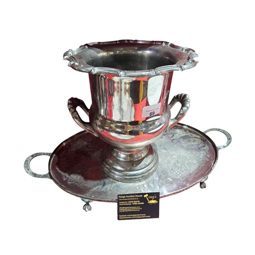 69 - Vintage metal Champagne bucket together with white metal oval tray on feet with handles