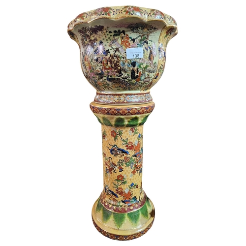 138 - Antique Chinese jardiniere on pedestal, hand painted