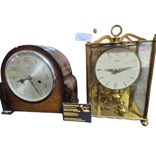 140 - Mid 20thC wooden mantle clock together with brass and glass mantle clock