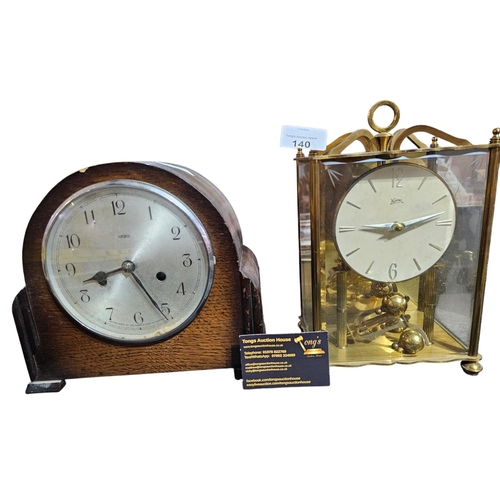 140 - Mid 20thC wooden mantle clock together with brass and glass mantle clock