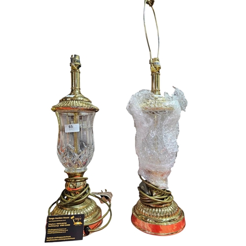 65 - Pair of engraved glass and metal lamp bases standing approx 48cm tall.