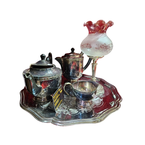 67 - White metal scallop edge tray complete with 2 white metal teapots, a jug and a tealight lamp