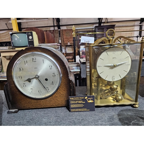 140 - Mid 20thC wooden mantle clock together with brass and glass mantle clock