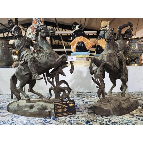 48 - A pair of spelter figures depicting soldiers on horseback