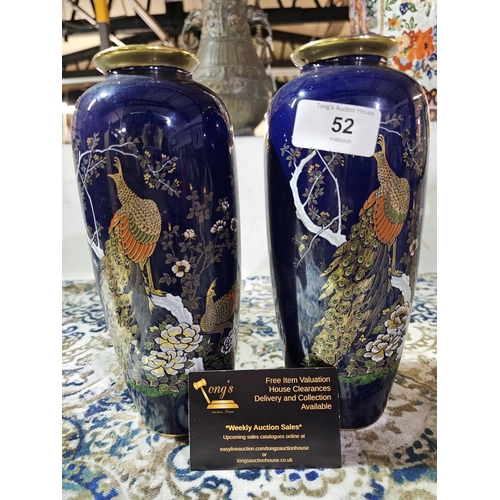 52 - Pair of Japanese vintage Yamato vases, Featuring hand painted peacock and flower pattern cobalt blue... 