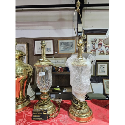 65 - Pair of engraved glass and metal lamp bases standing approx 48cm tall.