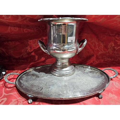 69 - Vintage metal Champagne bucket together with white metal oval tray on feet with handles