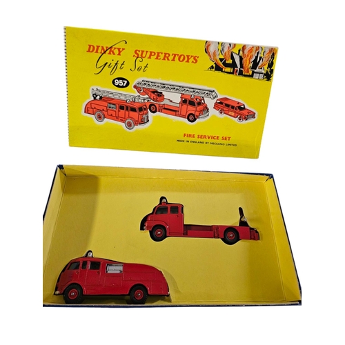 10 - Complete Dinky 957 Fire Service Gift Set with packing piece, in original box