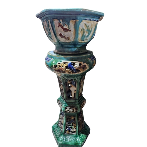 158 - Chinese Tang style Large green and blue glazed stoneware 2 piece jardinière 98cm tall