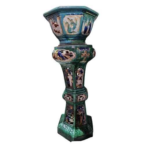 158 - Chinese Tang style Large green and blue glazed stoneware 2 piece jardinière 98cm tall