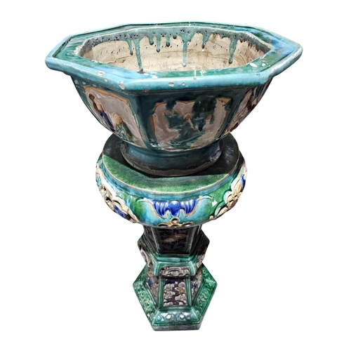 158 - Chinese Tang style Large green and blue glazed stoneware 2 piece jardinière 98cm tall