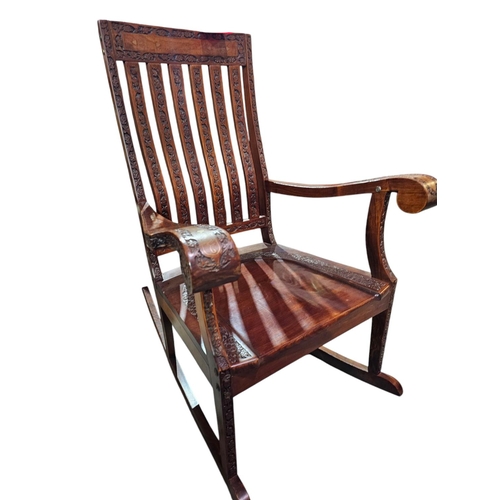 41 - Mahogany hand- carved brass inlaid rocking chair, fabulous quality