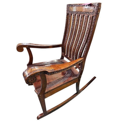 41 - Mahogany hand- carved brass inlaid rocking chair, fabulous quality