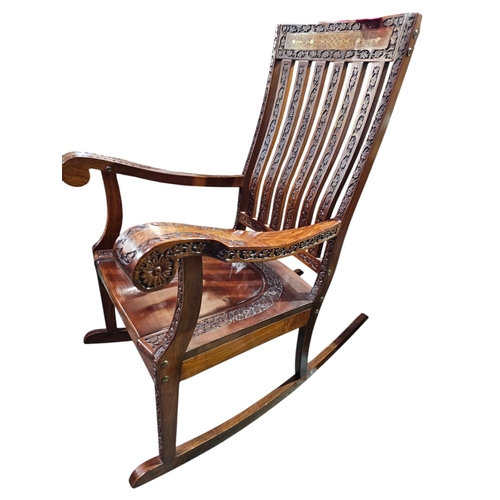 41 - Mahogany hand- carved brass inlaid rocking chair, fabulous quality